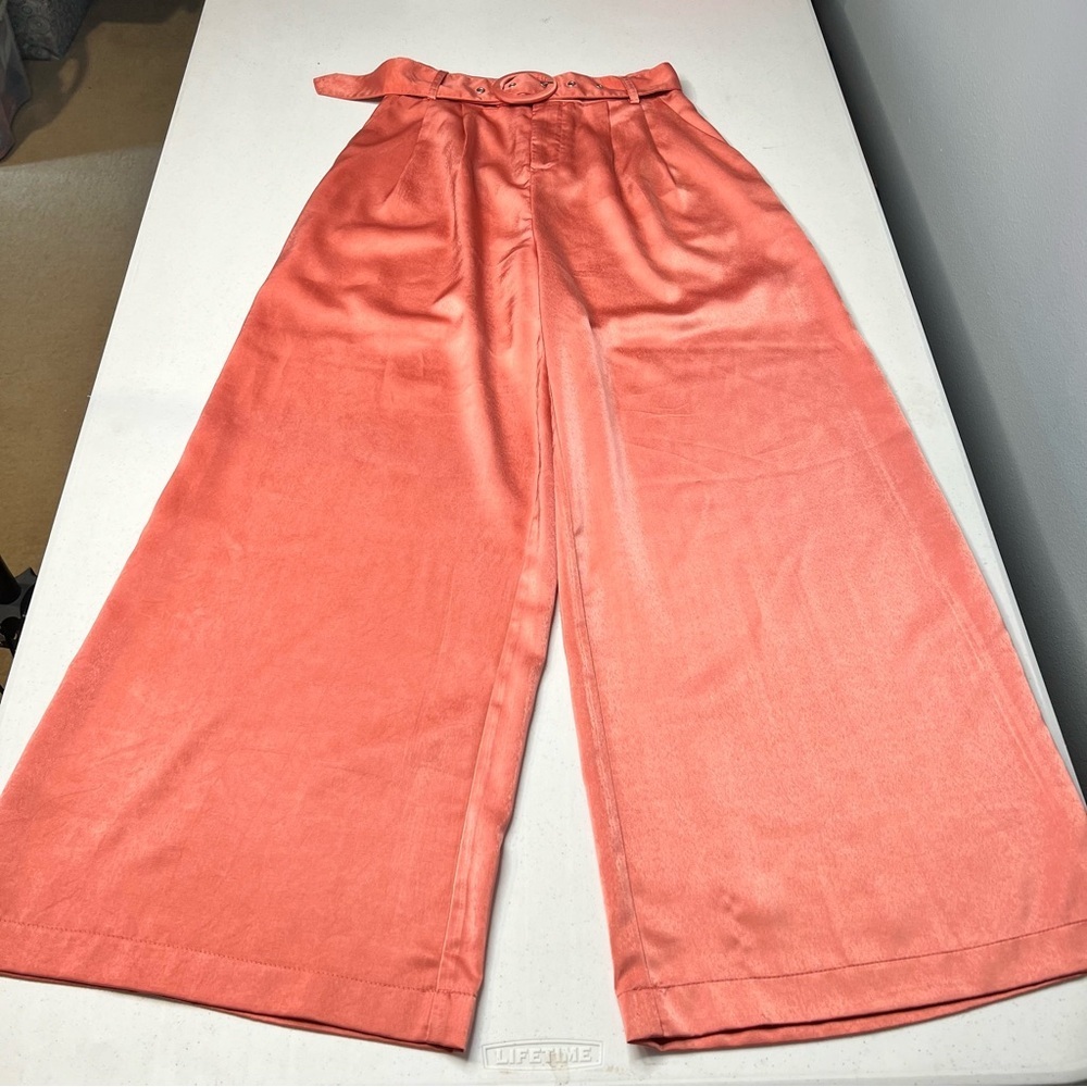 Vici Wide Leg Coral-Peach Silky Pants with Circular Buckle Belt - Picture 7 of 15
